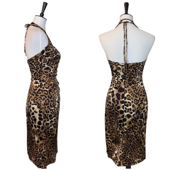 🐆 Caché, Vintage Wild Side Animal Print Satin Halter Dress - Picture 6 of 16